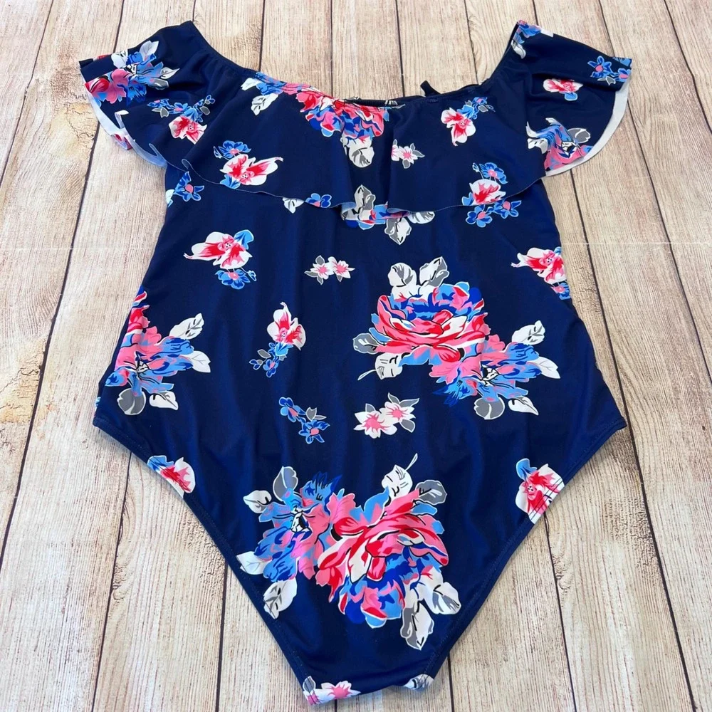 Ekouaer‎ Womens Floral Ruffle Off The Shoulder One Piece Swimsuit Navy Blue XL